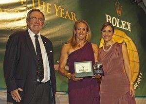Female winner, Anna Tunnicliffe (USA) with ISAF President of Honour, HM King Constantine of Greece and Colette Bennett, Rolex Watch USA photo copyright  Rolex/Daniel Forster http://www.regattanews.com taken at  and featuring the  class
