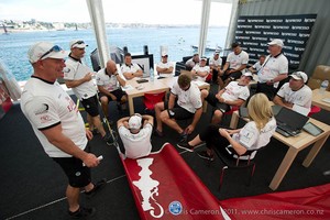 Emirates Team New Zealand team meeting at the team's base in Cascais for the America's Cup World Series event one. 5/8/2011 - - Practice Day, Cascais - America's Cup World Series 2011 photo copyright Chris Cameron/ETNZ http://www.chriscameron.co.nz taken at  and featuring the  class