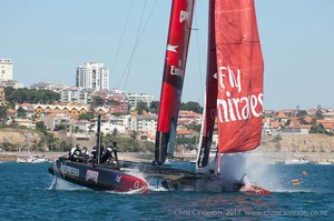 Emirates Team New Zealand in the 40 minute race of the preliminaries for the first America's Cup World Series event in Cascais. 7/8/2011 - America's Cup World Series - Day 2 - Cascais photo copyright Chris Cameron/ETNZ http://www.chriscameron.co.nz taken at  and featuring the  class