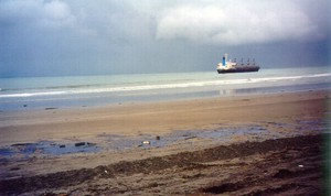 The Jody F Millennium on the beach at Gisborne  with oil visible in the foreground on the once pristine beach. Only 25 tonnes of oil were spilt from the vessel instead of the 350 tonnes which has come from the Rena, so far. photo copyright Maritime NZ www.maritimenz.govt.nz taken at  and featuring the  class