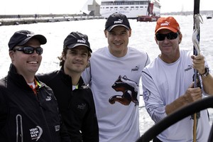 29 October 2011. Alicante, Spain. Onboard PUMA's Mar Mostro during the In-Port Race as part of the start of the Volvo Ocean Race 2011-2012: (left to right) BERG CEO Håkan Svensson, HRH Prince Carl Philip of Sweden, PUMA CEO Franz Koch, and PUMA Ocean Racing powered by BERG skipper Ken Read. photo copyright Amory Ross/Puma Ocean Racing/Volvo Ocean Race http://www.puma.com/sailing taken at  and featuring the  class