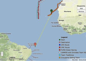 The tracks of the four yachts (Groupama is the orange track) around the Cap Verde Islands - 13 November 1900hrs UTC photo copyright PredictWind.com www.predictwind.com taken at  and featuring the  class