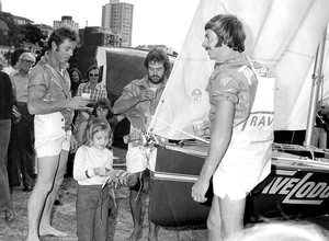 Perc, John Winning & John Stanley at the launch of Travelodge in 1970s photo copyright Frank Quealey /Australian 18 Footers League http://www.18footers.com.au taken at  and featuring the  class