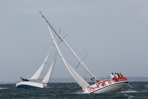 Paul Laurence's new First 30 ,G2, had their hands full as the breeze pumped in the afternoon of day one - Ensign Yachts QLD French Yacht Challenge and Beneteau Cup 2011 photo copyright Tracey Johnstone taken at  and featuring the  class