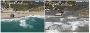 Hurricane Irene - before and after.  Yellow arrow shows same building photo copyright  SW taken at  and featuring the  class