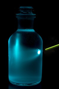 A new technique for determing the concentration of oxygen in a liquid sample uses a laser (coming from the green fiber, right) and an oxygen-sensitive sticker called an optode (pale spot) inside the sample bottle. When struck by the laser, the sticker fluoresces; the wavelength of the light it gives off indicates the concentration of oxygen in the fluid around it. WHOI chemist Ben Van Mooy used this method to monitor microbial activity in samples of water taken from within and outside the oil sl photo copyright Woods Hole Oceanographic Institution (WHOI) http://www.whoi.edu/ taken at  and featuring the  class