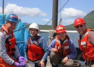 A team of biogeochemists from Woods Hole Oceanographic Institution traveled to Clayoquot Sound off Vancouver Island in 2009 to collect samples of particles of sinking marine detritus. They studied how marine bacteria coordinate their actions to break the particles apart. Aboard the research vessel Barnes are, from left, Tracy Mincer, Rose Kantor (a WHOI Summer Student Fellow), Laura Hmelo, and Benjamin Van Mooy. photo copyright Laura R. Hmelo | WHOI http://www.whoi.edu/ taken at  and featuring the  class