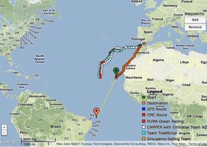 Tracks of the western group (Puma, Telefonica and Camper) compared to Groupama’s coastal route. photo copyright PredictWind.com www.predictwind.com taken at  and featuring the  class