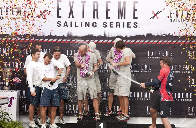Luna Rosa celebrate after winning the regatta and the 2011 title - Extreme Sailing Series 2011. Act 9. Singapore © Lloyd Images http://lloydimagesgallery.photoshelter.com/