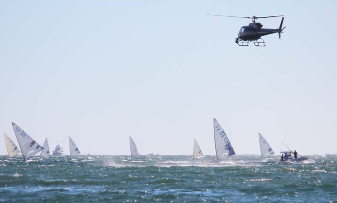 Helicopter and TV boats in action Fremantle - ISAF World Sailing Championships © Robert Deaves/Finn Class http://www.finnclass.org
