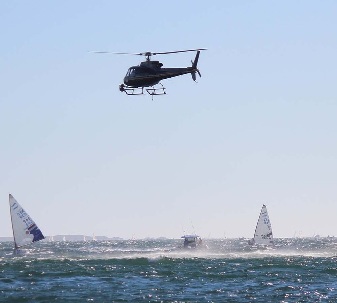 Helicopter and TV boats in action Fremantle - ISAF World Sailing Championships © Robert Deaves/Finn Class http://www.finnclass.org