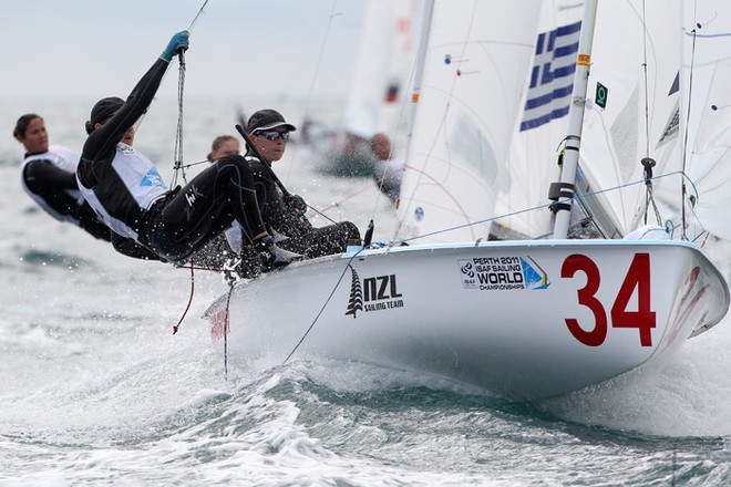 Jo Aleha and Olivia Powrie of New Zealand compete on day 11 during the 470 women’s two person dinghy event of the 2011 ISAF Sailing World Championships © Paul Kane /Perth 2011 http://www.perth2011.com