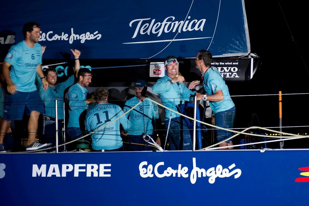 Team Telefonica, skippered by Iker Martinez from Spain finishes first in to the safe haven port on stage 1 of leg 2 of the Volvo Ocean Race 2011-12 from Cape Town, South Africa, to Abu Dhabi, UAE. (Photo Credit Must Read: PAUL TODD/Volvo Ocean Race) photo copyright Paul Todd/Volvo Ocean Race http://www.volvooceanrace.com taken at  and featuring the  class