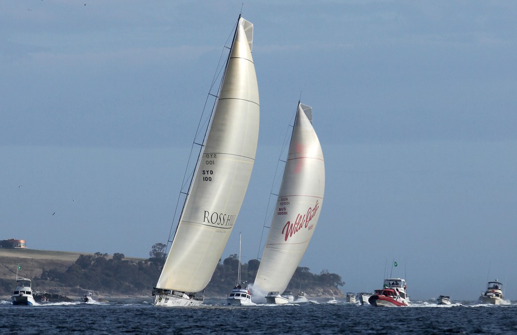 Investec Loyal leads Wild Oats XI up the river off South Arm - Rolex Sydney Hobart Yacht Race 2011 photo copyright Crosbie Lorimer http://www.crosbielorimer.com taken at  and featuring the  class