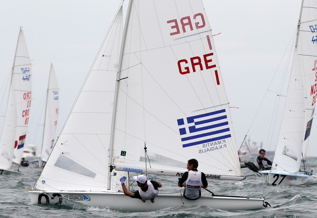 PERTH, AUSTRALIA - DECEMBER 11:  Panagiotis Mantis and Pavlos Kagialis of Greece compete on day 9 during the mens 470 medal race of the 2011 ISAF Sailing World Championships on December 11, 2011 in Perth, Australia. (Photo by Paul Kane/Perth 2011) photo copyright Paul Kane /Perth 2011 http://www.perth2011.com taken at  and featuring the  class