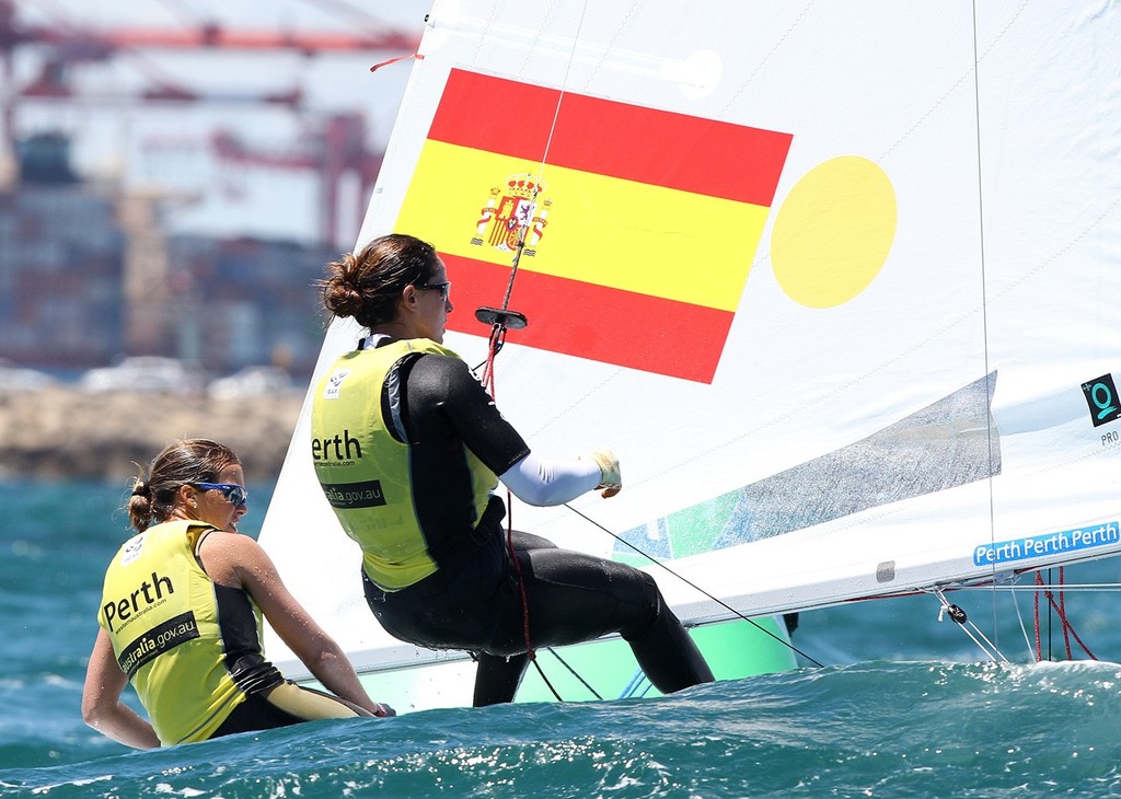 PERTH, AUSTRALIA - DECEMBER 18:  Tara Pacheco and Berta Betanzos of Spain compete on day 16 during the 470 women's two person dinghy medal race of the 2011 ISAF Sailing World Championships on December 18, 2011 in Perth, Australia. (Photo by Paul Kane/Perth 2011) photo copyright Paul Kane /Perth 2011 http://www.perth2011.com taken at  and featuring the  class