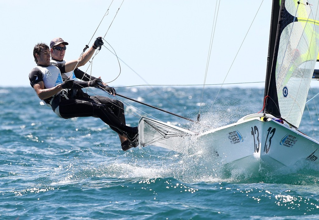 PERTH, AUSTRALIA - DECEMBER 18:  Peter Burling and Blair Tuke of New Zealand compete during the medal race for the 49er Men's Skiff Class of the 2011 ISAF Sailing World Championships on December 18, 2011 in Perth, Australia. (Photo by Paul Kane/Perth 2011) photo copyright Paul Kane /Perth 2011 http://www.perth2011.com taken at  and featuring the  class