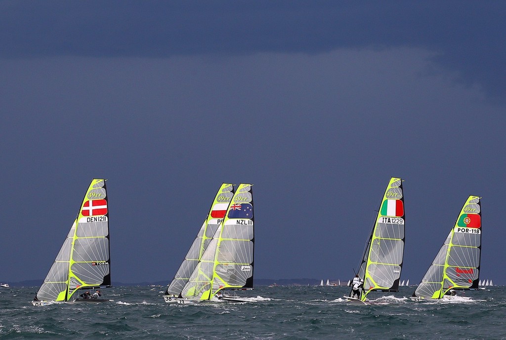 PERTH, AUSTRALIA - DECEMBER 12:  Sailors compete during the yellow fleet race for the 49er Men's Skiff Class of the 2011 ISAF Sailing World Championships on December 12, 2011 in Perth, Australia. (Photo by Paul Kane/Perth 2011) photo copyright Paul Kane /Perth 2011 http://www.perth2011.com taken at  and featuring the  class