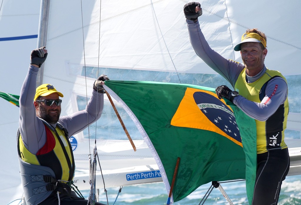 PERTH, AUSTRALIA - DECEMBER 17:  Robert Scheidt and Bruno Prada of Brazil celebrate winning the championship on day 15 during the Star Men's Keel Boat Medal Race of the 2011 ISAF Sailing World Championships on December 17, 2011 in Perth, Australia. (Photo by Paul Kane/Perth 2011) photo copyright Paul Kane /Perth 2011 http://www.perth2011.com taken at  and featuring the  class