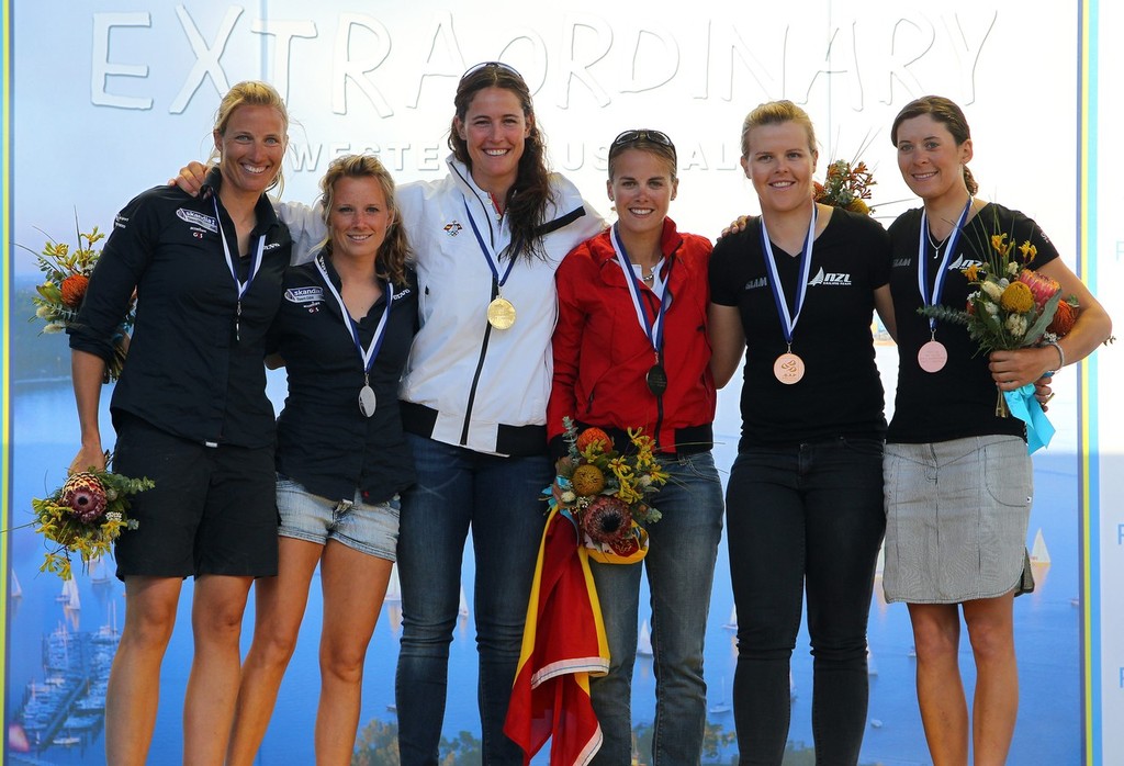 Perth, WA - December 18: Tara Pacheco, Berta Betanzos, Saskia Clark, Hannah Mills, Jo Aleh, Olivia Powrie at the Medal Ceremony,  Women's 470 December 18 2011 off Fremantle, Australia. (Photo by Richard Langdon)

?Perth 2011 ISAF Sailing World Championships, 3rd-18th December 2011.?
Perth 2011 image.??For further information please contact richard@oceanimages.co.uk
+44 7850 913500
+61 478 221797??© Richard Langdon. Image copyright free for editorial use. This image may not be used for any other photo copyright  Richard Langdon /Perth 2011 http://www.perth2011.com taken at  and featuring the  class