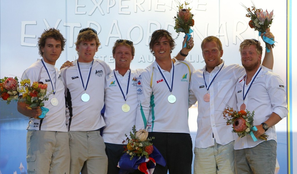 Perth, WA - December 18: Nathan Outteridge, Iain Jensen, Peter Burling, Blair Tuke, Emil Nielsen, Simon Nielsen Medal Ceremony, 49er December 18 2011 off Fremantle, Australia. (Photo by Richard Langdon)

?Perth 2011 ISAF Sailing World Championships, 3rd-18th December 2011.?
Perth 2011 image.??For further information please contact richard@oceanimages.co.uk
+44 7850 913500
+61 478 221797??© Richard Langdon. Image copyright free for editorial use. This image may not be used for any other purpose w photo copyright  Richard Langdon /Perth 2011 http://www.perth2011.com taken at  and featuring the  class