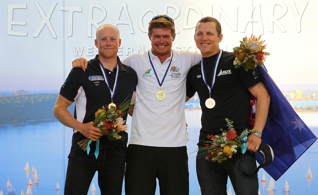 Perth, WA - December 18: Tom Slinsgby, Nick Thompson, Andrew Murdoch  Medal Ceremony, Mens Laser December 18 2011 off Fremantle, Australia. (Photo by Richard Langdon)

?Perth 2011 ISAF Sailing World Championships, 3rd-18th December 2011.?
Perth 2011 image.??For further information please contact richard@oceanimages.co.uk
+44 7850 913500
+61 478 221797??© Richard Langdon. Image copyright free for editorial use. This image may not be used for any other purpose without the express prior written per photo copyright  Richard Langdon /Perth 2011 http://www.perth2011.com taken at  and featuring the  class