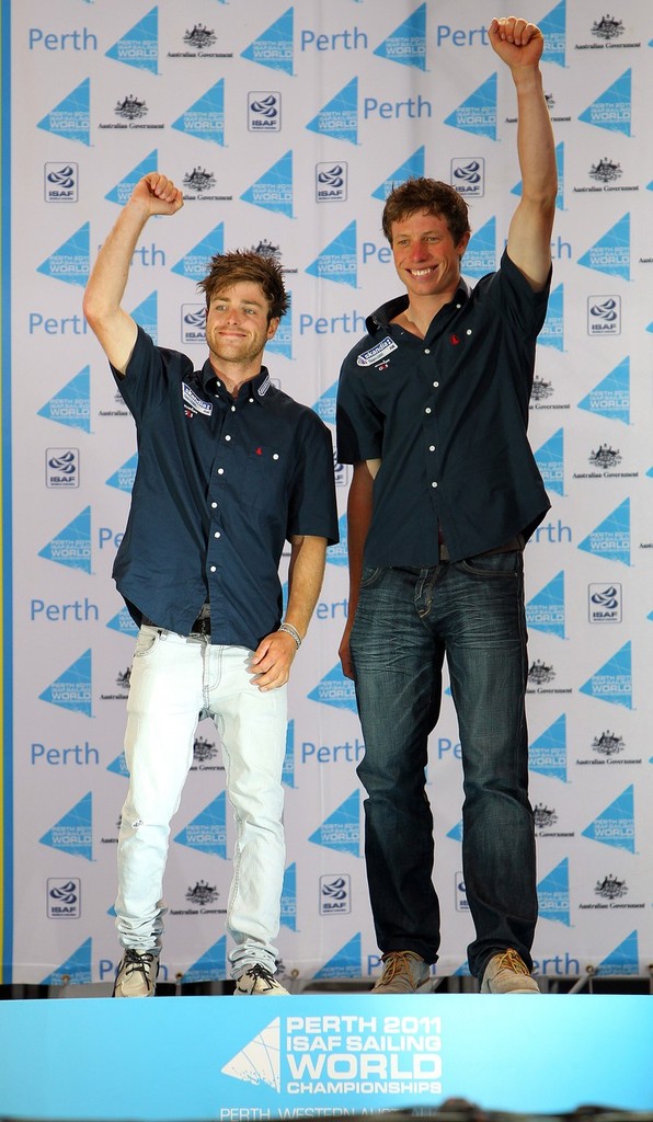 Perth, WA - December 11: Luke Patience, Stuart Bithell, Medal ceremony December 11, 2011 off Fremantle, Australia. (Photo by Richard Langdon)

?Perth 2011 ISAF Sailing World Championships, 3rd-18th December 2011.?
Perth 2011 image. ??For further information please contact richard@oceanimages.co.uk
+44 7850 913500
+61 478 221797??
© Richard Langdon. Image copyright free for editorial use. This image may not be used for any other purpose without the express prior written permission of Richard Lang photo copyright Richard Langdon /Ocean Images http://www.oceanimages.co.uk taken at  and featuring the  class