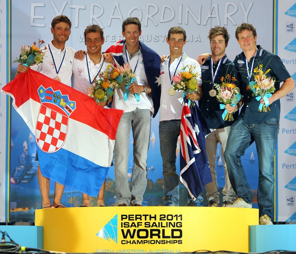 Luke Patience, Stuart Bithell, Mathew Belcher, Page Malcolm, Sime Fantela, Igor Marenic, Medal ceremony December 11, 2011 off Fremantle, Australia. (Photo by Richard Langdon)

?Perth 2011 ISAF Sailing World Championships, 3rd-18th December 2011.?
Perth 2011 image. ??For further information please contact richard@oceanimages.co.uk
+44 7850 913500
+61 478 221797??
© Richard Langdon. Image copyright free for editorial use. This image may not be used for any other purpose wi photo copyright Richard Langdon /Ocean Images http://www.oceanimages.co.uk taken at  and featuring the  class