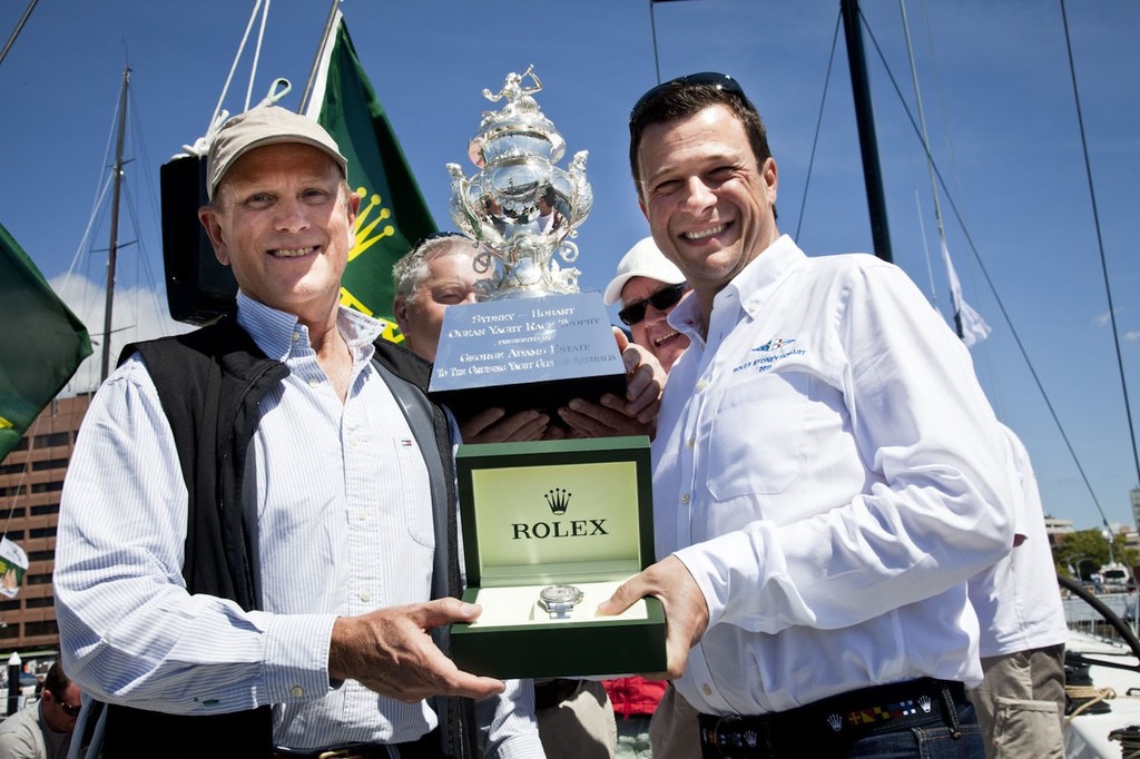 Stephen Ainsworth accepting the Tattersall Cup and Yacht-Master timepiece from Patrick Boutellier (Rolex Australia) and Commodores Graham Taplin (RYCT) and Garry Linacre (CYCA). photo copyright  Rolex/Daniel Forster http://www.regattanews.com taken at  and featuring the  class