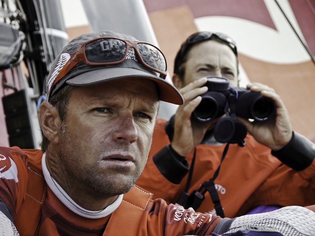 Skipper Chris Nicholson and Navigator Andy McLean watch the trailing fleet like hawks onboard CAMPER with Emirates Team New Zealand during leg 2 of the Volvo Ocean Race 2011-12, from Cape Town, South Africa to Abu Dhabi, UAE. (Credit: Hamish Hooper/CAMPER ETNZ/Volvo Ocean Race) photo copyright Hamish Hooper/Camper ETNZ/Volvo Ocean Race taken at  and featuring the  class