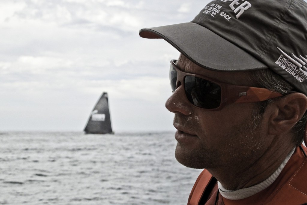 Skipper Chris Nicholson with Puma just to windward from CAMPER with Emirates Team New Zealand during leg 2 of the Volvo Ocean Race 2011-12, from Cape Town, South Africa to Abu Dhabi, UAE. (Credit: Hamish Hooper/CAMPER ETNZ/Volvo Ocean Race) photo copyright Hamish Hooper/Camper ETNZ/Volvo Ocean Race taken at  and featuring the  class