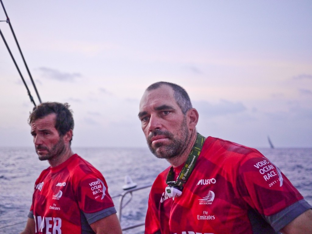 Roberto Bermudez de Castro and Stuart Bannatyne in the lead  but with Team Telefonica just over their shoulder. CAMPER with Emirates Team New Zealand during leg 2 of the Volvo Ocean Race 2011-12, from Cape Town, South Africa to Abu Dhabi, UAE. (Credit: Hamish Hooper/CAMPER ETNZ/Volvo Ocean Race) photo copyright Hamish Hooper/Camper ETNZ/Volvo Ocean Race taken at  and featuring the  class