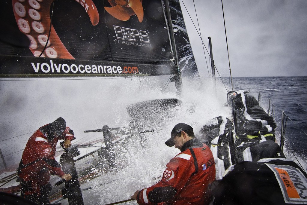 Sailing a Volvo 70 is rarely a dry experience, as evidenced here by PUMA Ocean Racing in the Indian Ocean. PUMA Ocean Racing powered by BERG during leg 2 of the Volvo Ocean Race 2011-12, from Cape Town, South Africa to Abu Dhabi, UAE. (Credit: Amory Ross/PUMA Ocean Racing/Volvo Ocean Race) photo copyright Amory Ross/Puma Ocean Racing/Volvo Ocean Race http://www.puma.com/sailing taken at  and featuring the  class