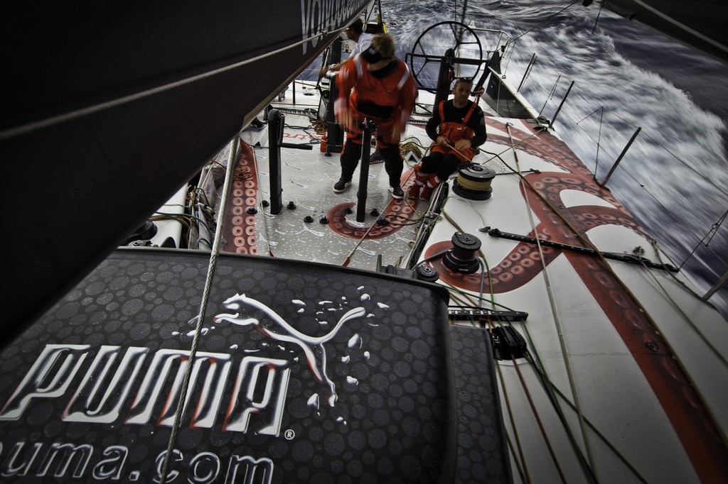 Ryan Godfrey trimming and Casey Smith grinding. PUMA Ocean Racing powered by BERG during leg 2 of the Volvo Ocean Race 2011-12, from Cape Town, South Africa to Abu Dhabi, UAE. (Credit: Amory Ross/PUMA Ocean Racing/Volvo Ocean Race) photo copyright Amory Ross/Puma Ocean Racing/Volvo Ocean Race http://www.puma.com/sailing taken at  and featuring the  class