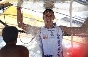 Dorian van Rijsselberghe (NED) celebrates winning the World Championship - Men's RS:X World Championship - Perth 2011 photo copyright Paul Kane /Perth 2011 http://www.perth2011.com taken at  and featuring the  class