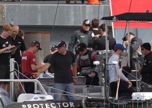 Emirates Team NZ crew in a final chat and lunch before heading out. photo copyright Ben Gladwell http://www.sail-world.com/nz taken at  and featuring the  class