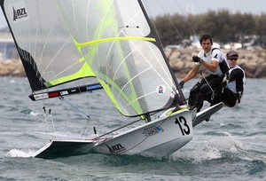 PERTH, AUSTRALIA - DECEMBER 12: Peter Burling and Blair Tuke of New Zealand compete during the yellow fleet race for the 49er Men's Skiff Class of the 2011 ISAF Sailing World Championships on December 12, 2011 in Perth, Australia. (Photo by Paul Kane/Perth 2011) photo copyright Paul Kane /Perth 2011 http://www.perth2011.com taken at  and featuring the  class
