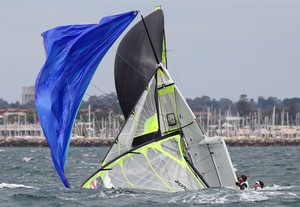 PERTH, AUSTRALIA - DECEMBER 12: Steve Thomas and Jaspar Warren of Australia attempt to re-right their boat during the yellow fleet race for the 49er Men's Skiff Class of the 2011 ISAF Sailing World Championships on December 12, 2011 in Perth, Australia. (Photo by Paul Kane/Perth 2011) photo copyright Paul Kane /Perth 2011 http://www.perth2011.com taken at  and featuring the  class