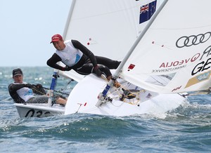 PERTH, AUSTRALIA - DECEMBER 14:  Andrew Murdcoh of New Zealand and Phillip Buhl of Germany compete on day 12 during the Laser - Men's One Person Dinghy event of the 2011 ISAF Sailing World Championships on December 14, 2011 in Perth, Australia. (Photo by Paul Kane/Perth 2011) photo copyright Paul Kane /Perth 2011 http://www.perth2011.com taken at  and featuring the  class