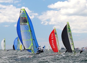 PERTH, AUSTRALIA - DECEMBER 14:  Teams compete during the yellow fleet race for the 49er Men's Skiff Class of the 2011 ISAF Sailing World Championships on December 14, 2011 in Perth, Australia. (Photo by Paul Kane/Perth 2011) photo copyright Paul Kane /Perth 2011 http://www.perth2011.com taken at  and featuring the  class