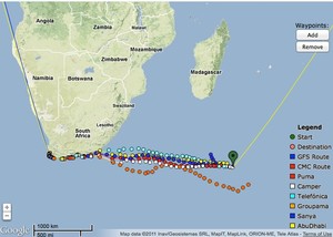 High level positions showing the fleet heading east with Groupama moving south and Team Sanya breaking to the north photo copyright PredictWind.com www.predictwind.com taken at  and featuring the  class