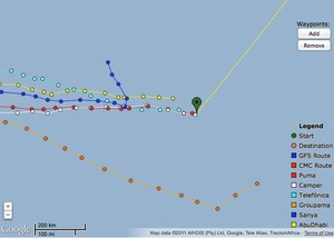 Low level positions showing the fleet heading east with Groupama moving south and Team Sanya breaking to the north photo copyright PredictWind.com www.predictwind.com taken at  and featuring the  class