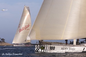 In the lead (foreground) INVESTEC LOYAL provisional line honours and WILD OATS XI - Rolex Sydney Hobart 2011 finish photo copyright  Andrea Francolini Photography http://www.afrancolini.com/ taken at  and featuring the  class