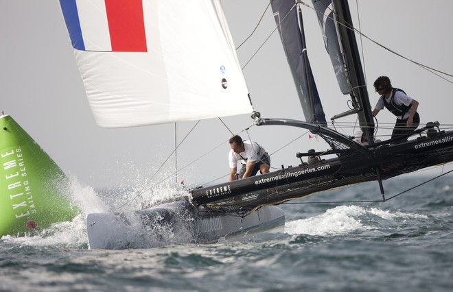 Groupe Edmond de Rothschild rounding a mark - Extreme Sailing Series 2012. Act 1 © Lloyd Images http://lloydimagesgallery.photoshelter.com/