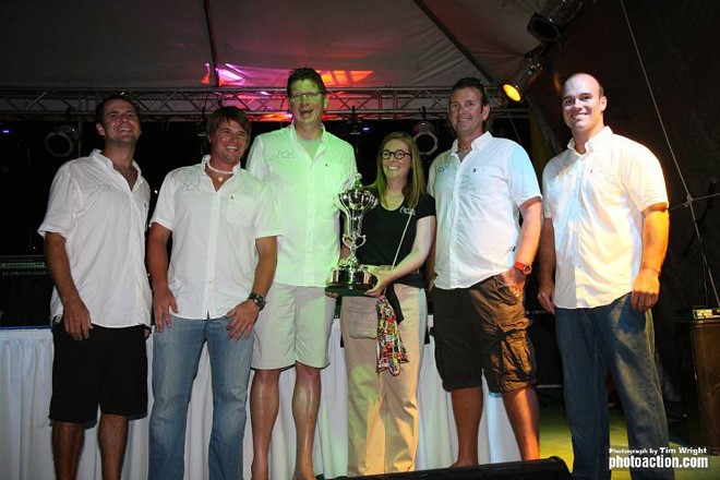 Niklas & Catherine Zennström and some of the Rán (JV 72) crew proudly hold the RORC Caribbean 600 Trophy for winning IRC overall and IRC Zero in the 2012 RORC Caribbean 600. - RORC Caribbean 600 2012 ©  Tim Wright / Photoaction.com http://www.photoaction.com