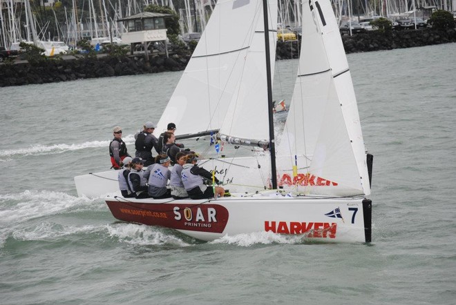 Watts & Hughes (Tim Coltman) versus Boat 7. Soar Printing (Katie de Lange) - Harken  Youth International Match Racing Championships © Sara Tucker