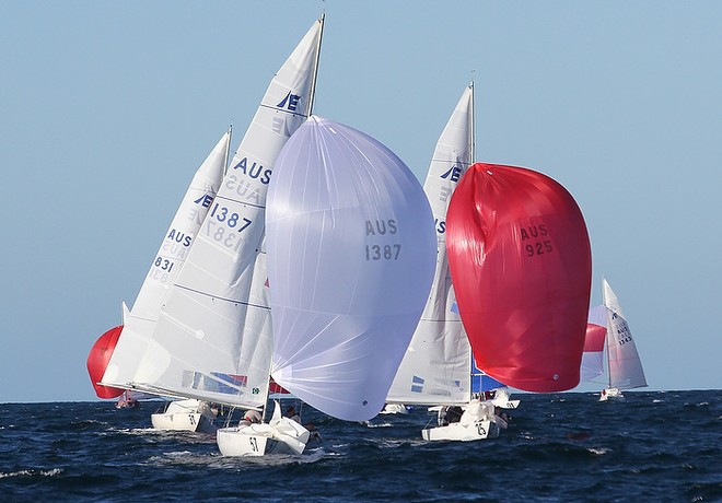 Etchells World Championship Sydney Australia 2012.  Mark Bulks racing Perfect Balance leading into the finish line with Tom KIng (Iron Lotus) and Brett Ellis (Ticket of Leave) chasing in second and third. © Ingrid Abery http://www.ingridabery.com