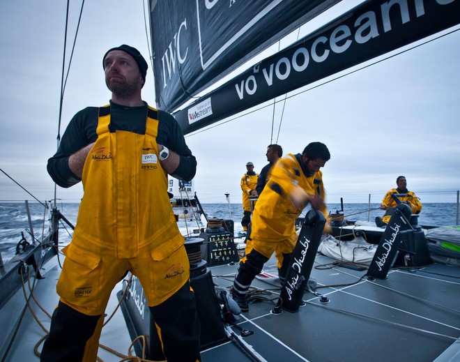 Justin Slattery looks out from onboard Abu Dhabi Ocean Racing, as they close in on the finish of  leg 4 of the Volvo Ocean Race 2011-12, from Sanya, China to Auckland, New Zealand.  © Nick Dana/Abu Dhabi Ocean Racing /Volvo Ocean Race http://www.volvooceanrace.org