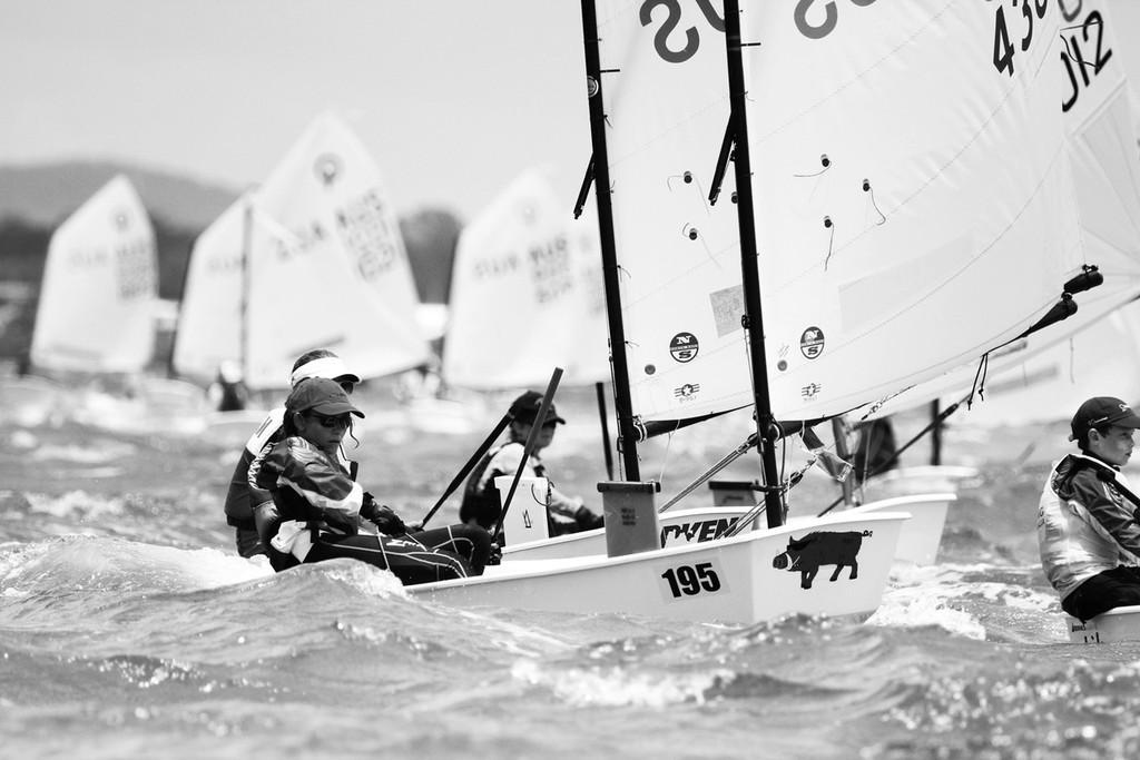 Fleet coming downwind - www.andrewgoughphotography.com - Australian Optimist Championships photo copyright Andrew Gough - copyright http://www.andrewgoughphotography.com taken at  and featuring the  class
