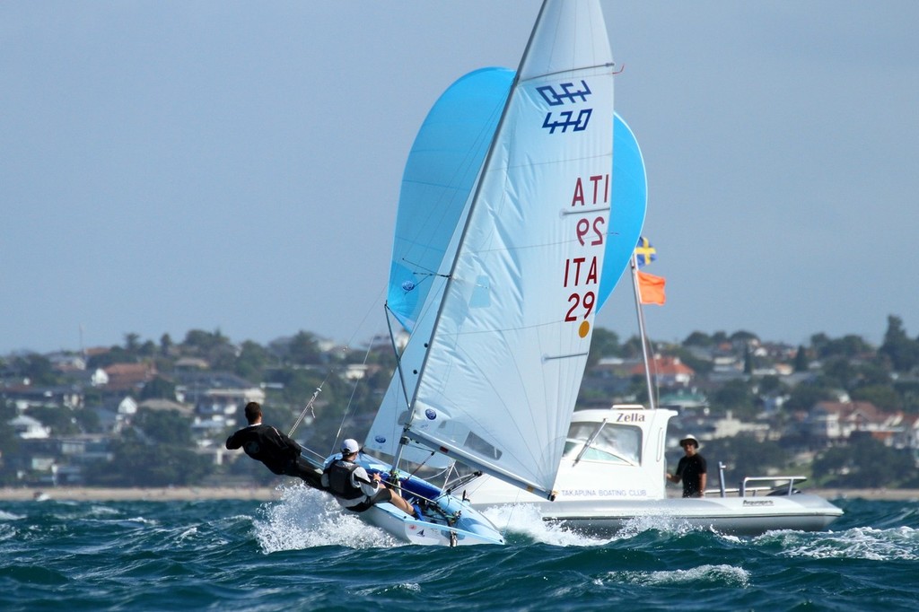 Simon Sivitz and Jas Farneti seal their fifth win in six races off Takapuna Beach this afternoon in the 2012 470 Junior Worlds © Richard Gladwell www.photosport.co.nz